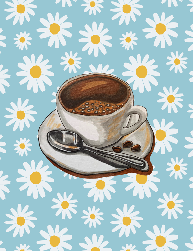 Coffee Cup with Daisies Poster - Blue Floral Kitchen Art
