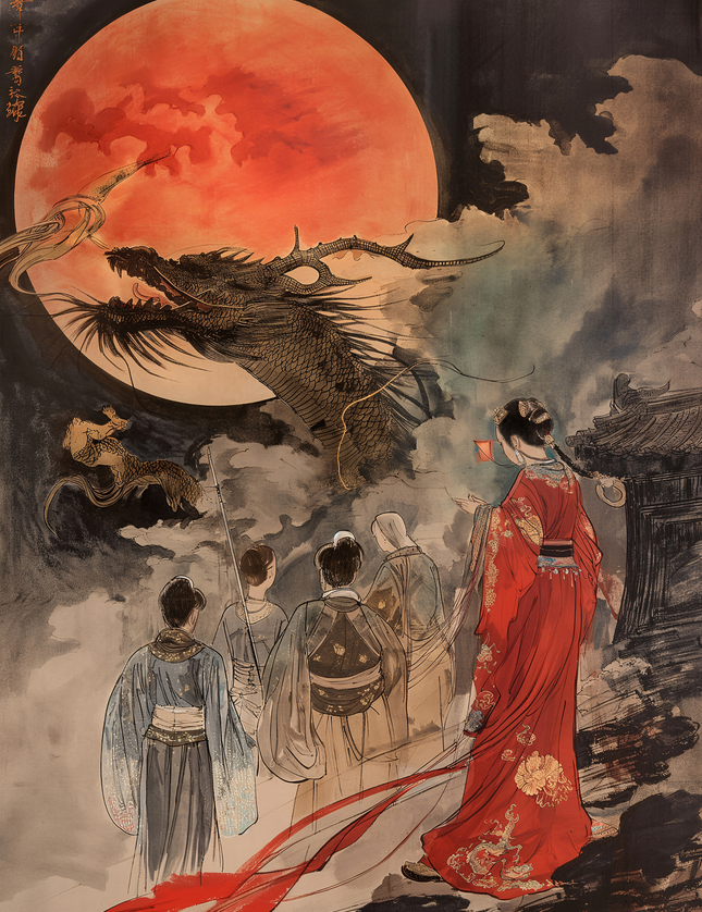 Dragons and Red Moon Japanese Art Print