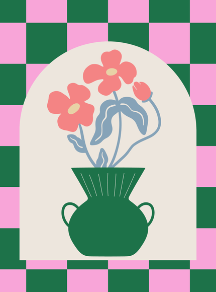 Checkered Vase with Flowers Retro Poster - Framzio