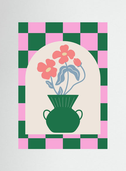 Checkered Vase with Flowers Retro Poster - Framzio