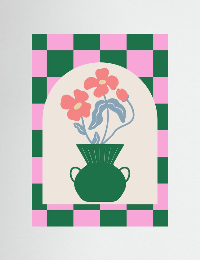 Checkered Vase with Flowers Retro Poster - Framzio