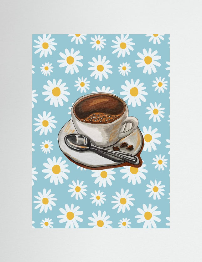 Coffee Cup with Daisies Poster - Blue Floral Kitchen Art - Framzio