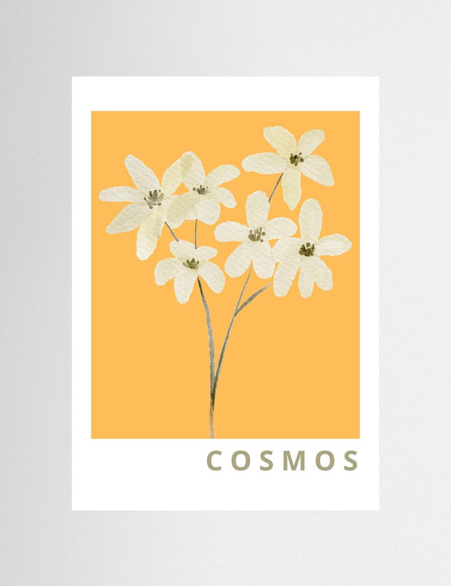 Cosmos Flower Illustration Poster - Warm Yellow Background - Framzio
