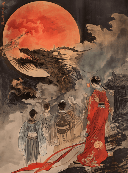 Dragons and Red Moon Japanese Art Print - Framzio