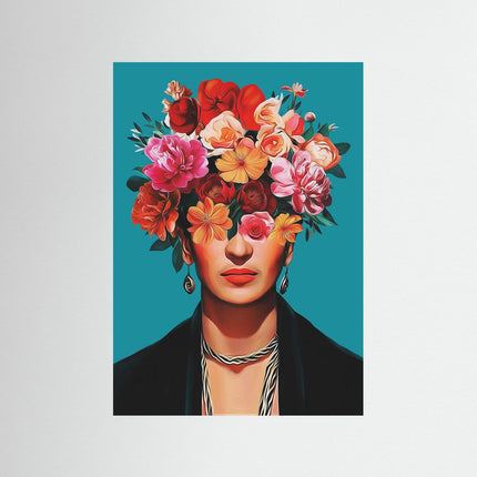Floral Portrait Art Print with Vibrant Blooms on Teal - Framzio