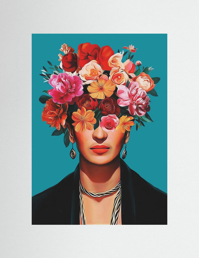 Floral Portrait Art Print with Vibrant Blooms on Teal - Framzio