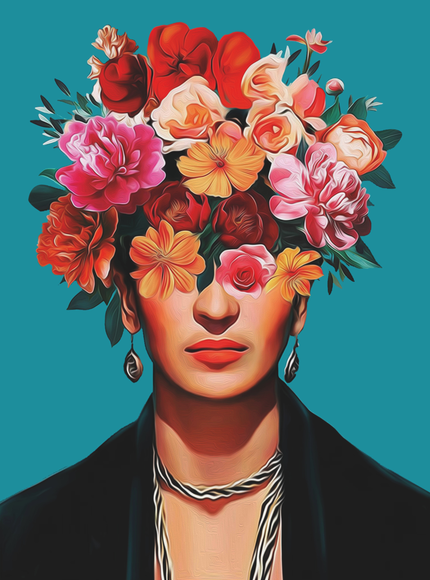 Floral Portrait Art Print with Vibrant Blooms on Teal - Framzio
