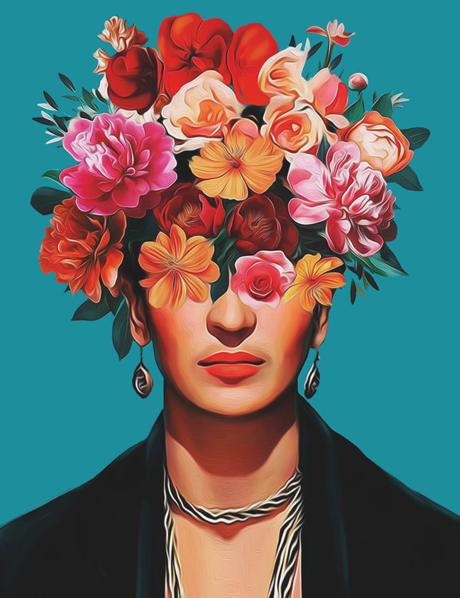 Floral Portrait Art Print with Vibrant Blooms on Teal - Framzio