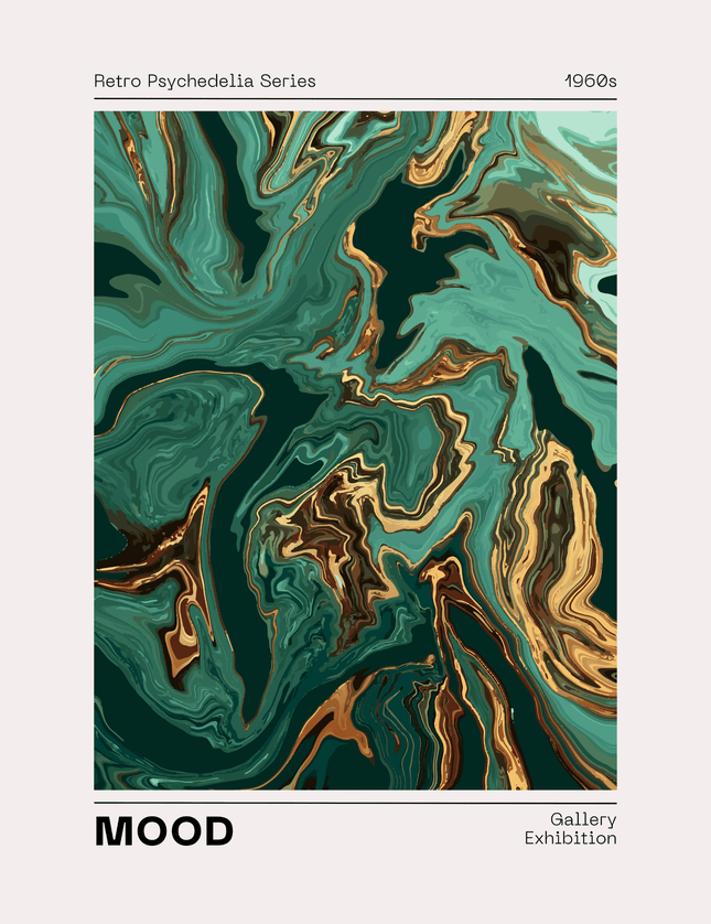 Retro Psychedelia Poster Green Gold Marbled Abstract Art - Framzio