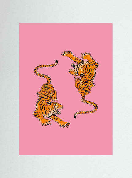 Two Tigers Pink Poster - Japanese Art Print - Framzio