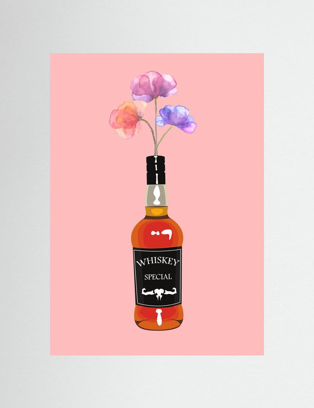Whiskey Bottle with Watercolor Flowers Poster - Framzio